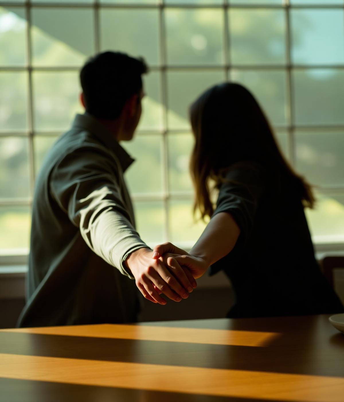 Couple reaching for each other's hands across a table in warm window light